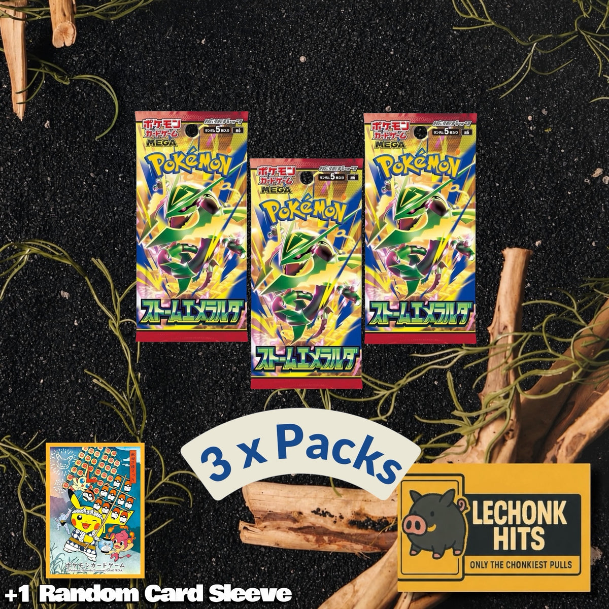 3 Packs Storm Emeralda Pokemon Booster Rayquaza Japanese  + 1 Random Pokemon Card Sleeve