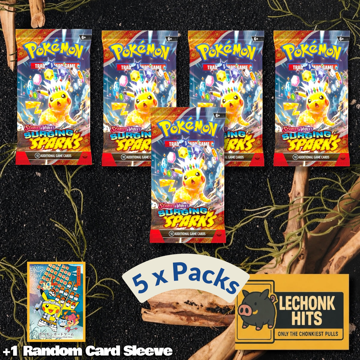 5 Packs Surging Sparks Pokemon Booster Pack + 1 Random Card Sleeve