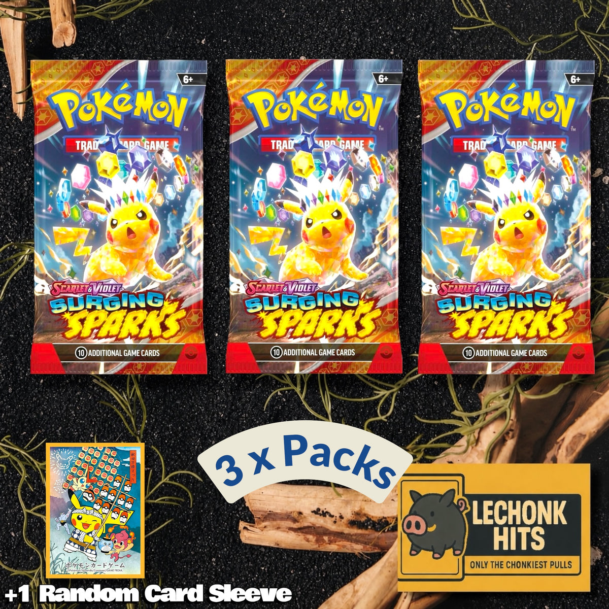3 Packs Surging Sparks Pokemon Booster Pack + 1 Random Card Sleeve