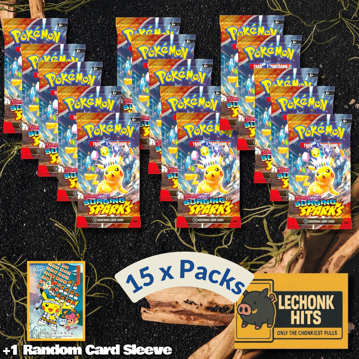 15 Packs Surging Sparks Pokemon Booster Pack + 1 Random Card Sleeve