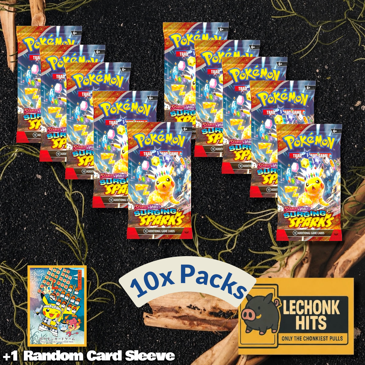 10 Packs Surging Sparks Pokemon Booster Pack + 1 Random Card Sleeve