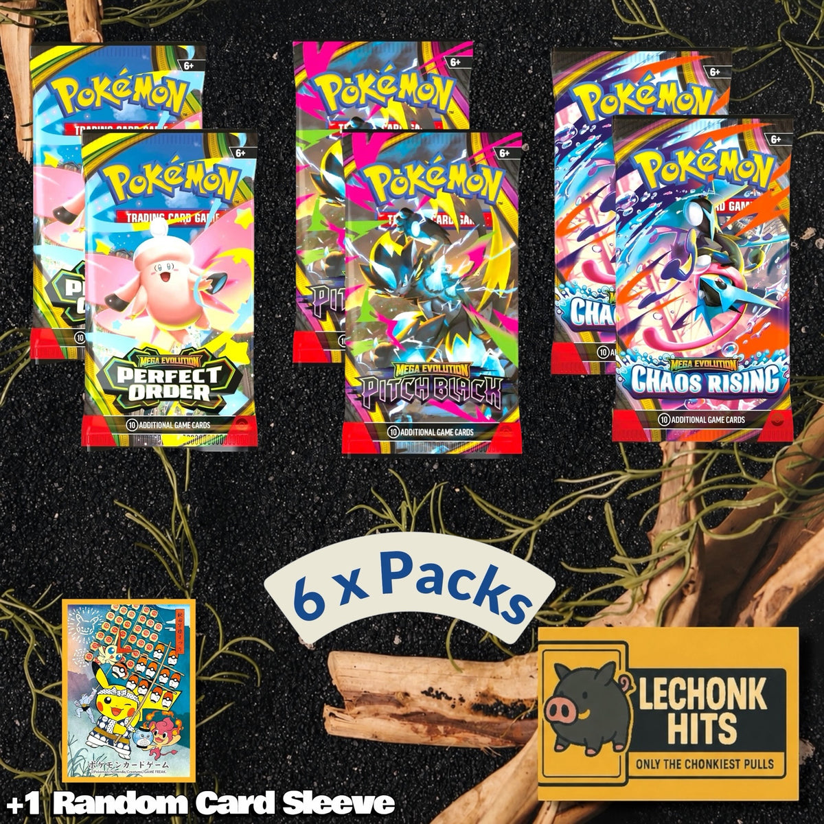 6 Pokemon Booster Pack Bundle Pitch Black, Perfect Order, Chaos Rising + 1 Random Pokemon Card Sleeve