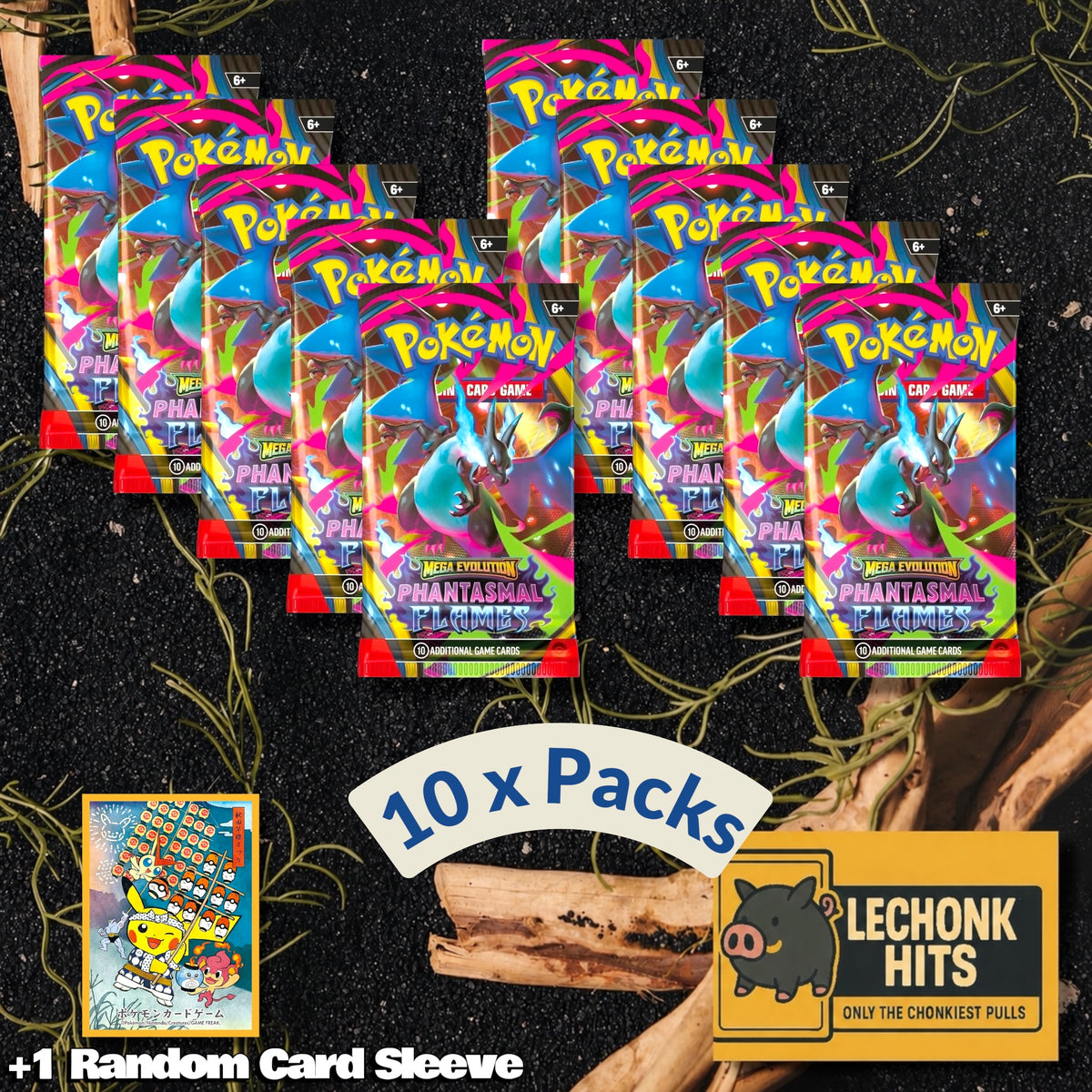10 x Packs Phantasmal Flames Pokemon Booster Pack + 1 Random Pokemon Card Sleeve