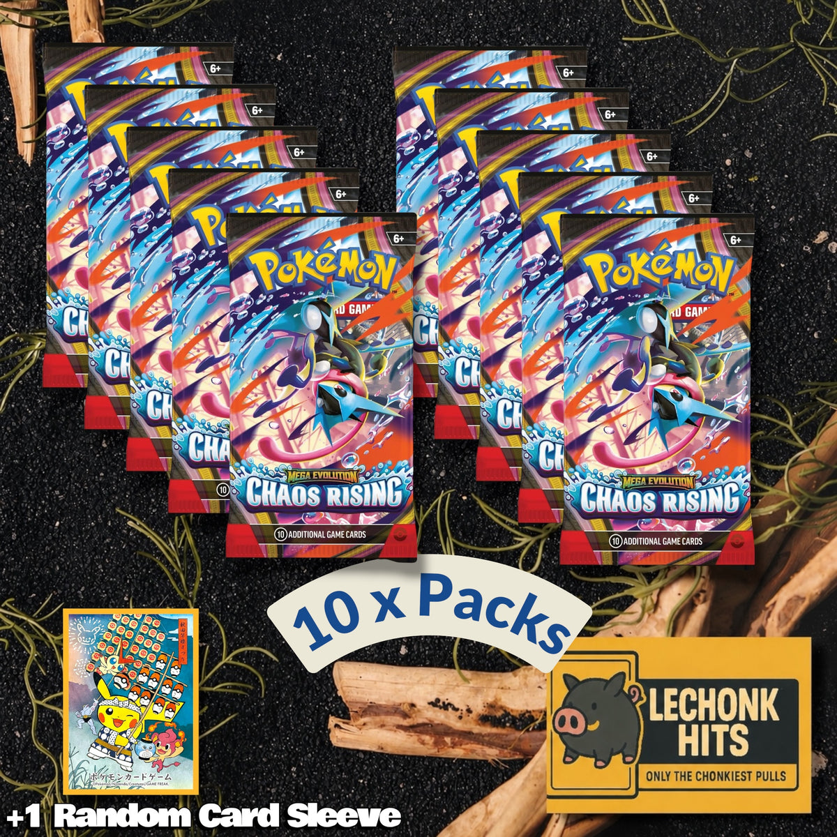 10 x Packs Chaos Rising Pokemon Booster Packs + 1 Random Pokemon Card Sleeve