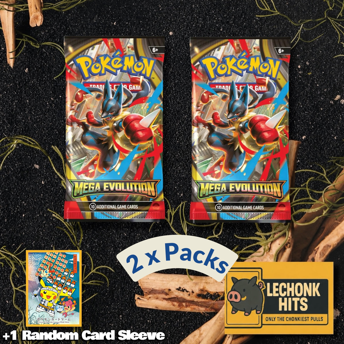 2 Packs Mega Evolution Pokemon Booster Pack + 1 Random Pokemon Card Sleeve