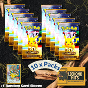 10 Packs 30th Celebration English Pokemon Booster Pack + 1 Random Card Sleeve Bundle