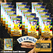 15 Packs 30th Celebration English Pokemon Booster Pack + 1 Random Card Sleeve Bundle