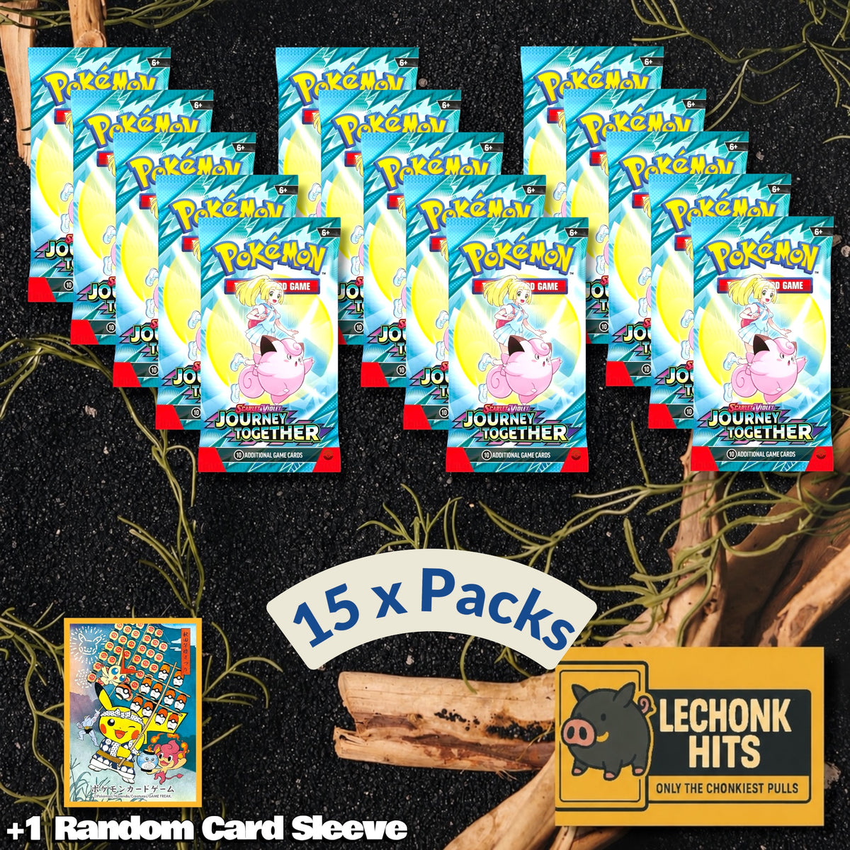 15 Packs Journey Together Pokemon Booster Pack + 1 Random Card Sleeve