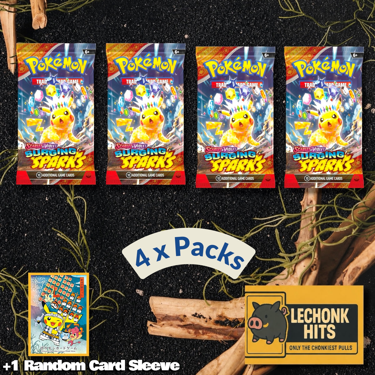 4 Packs Surging Sparks Pokemon Booster Pack + 1 Random Card Sleeve