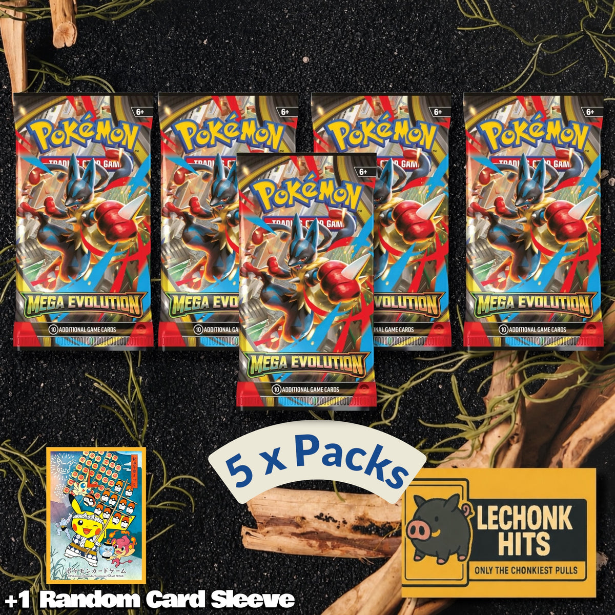5 Packs Mega Evolution Pokemon Booster Pack + 1 Random Pokemon Card Sleeve