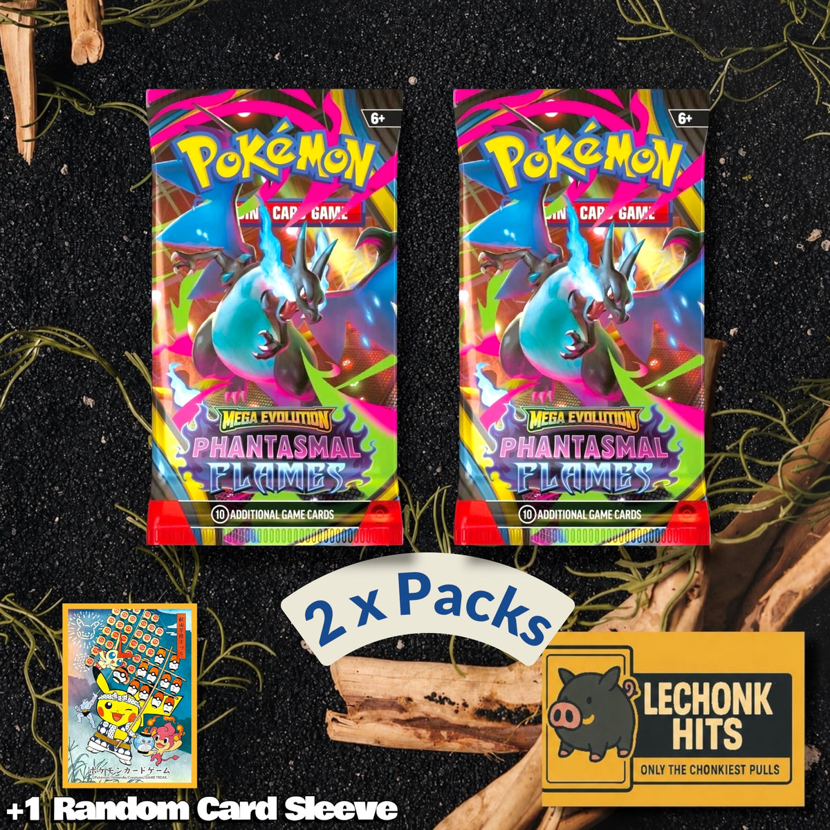 2 x Packs Phantasmal Flames Pokemon Booster Pack + 1 Random Pokemon Card Sleeve
