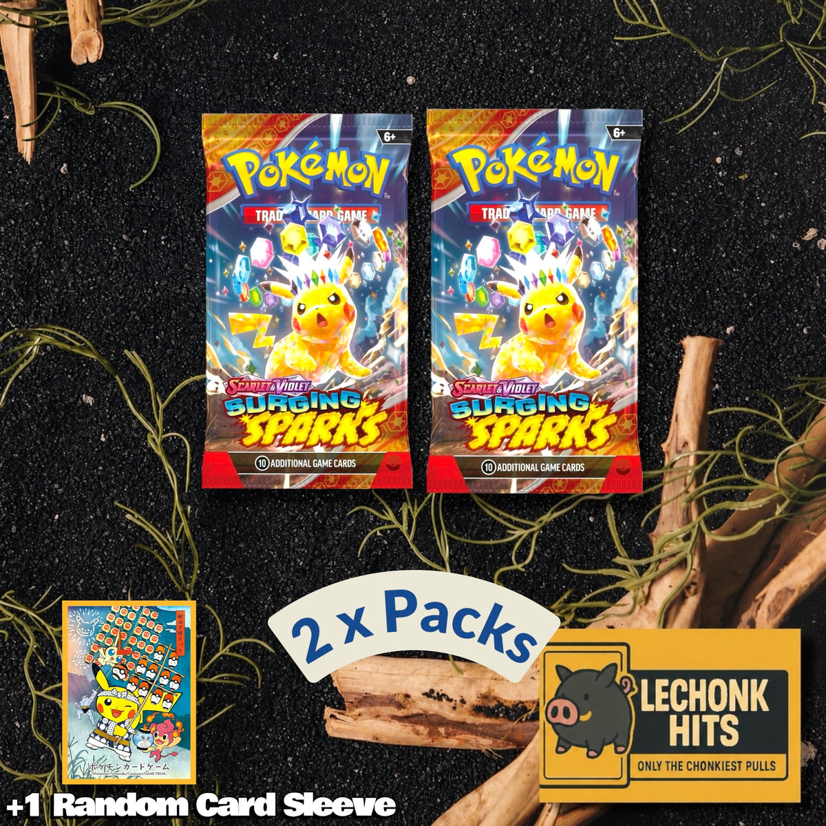 2 Packs Surging Sparks Pokemon Booster Pack + 1 Random Card Sleeve