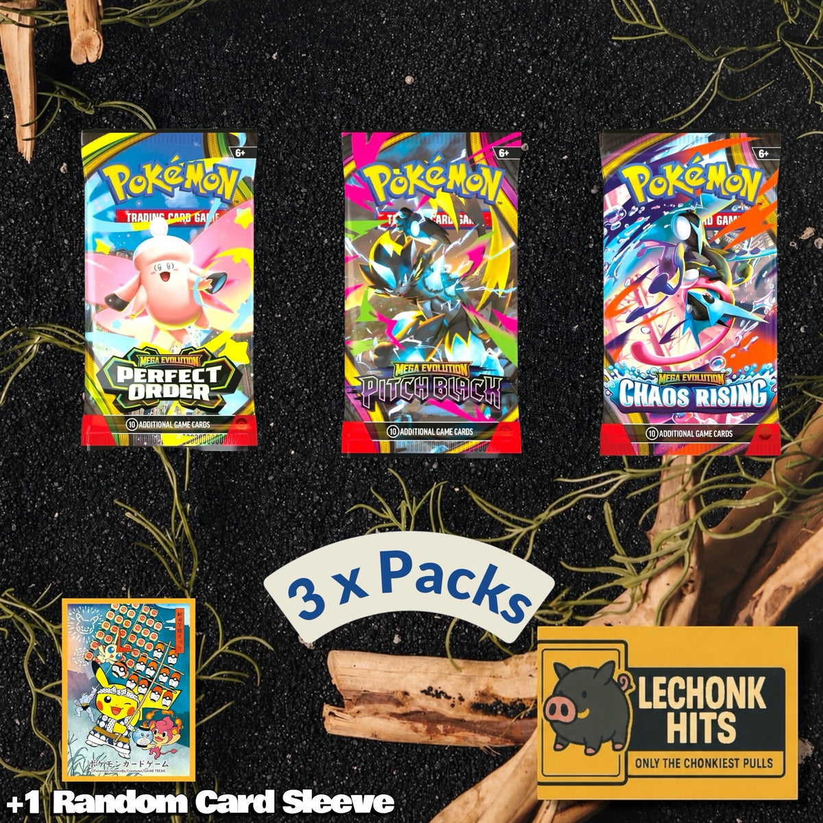 3 Pokemon Booster Pack Bundle Pitch Black, Perfect Order, Chaos Rising + 1 Random Pokemon Card Sleeve