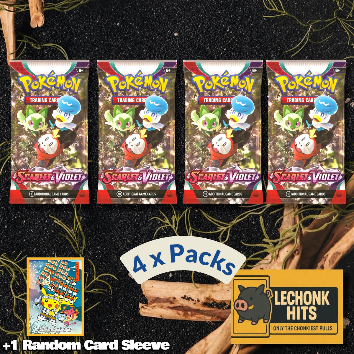 4 Pack Scarlet Violet Base Set Pokemon Booster Pack + 1 Random Card Sleeve