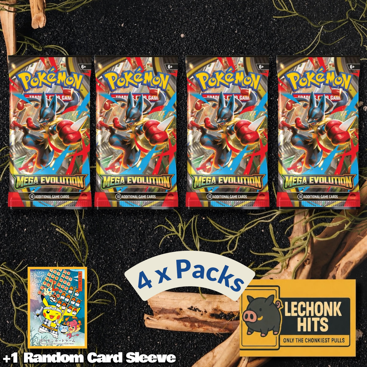 4 Packs Mega Evolution Pokemon Booster Pack + 1 Random Pokemon Card Sleeve