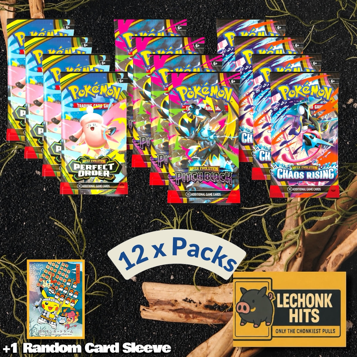 12 Pokemon Booster Packs Bundle Pitch Black, Perfect Order, Chaos Rising + 1 Random Pokemon Card Sleeve