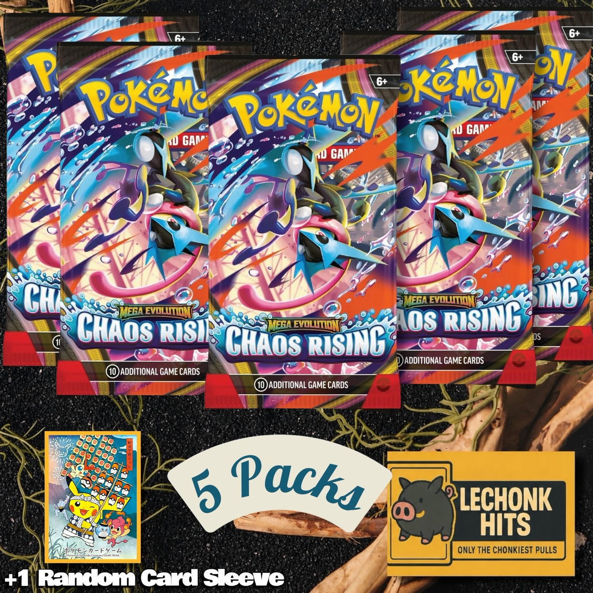 5 x Packs Chaos Rising Pokemon Booster Packs + 1 Random Pokemon Card Sleeve