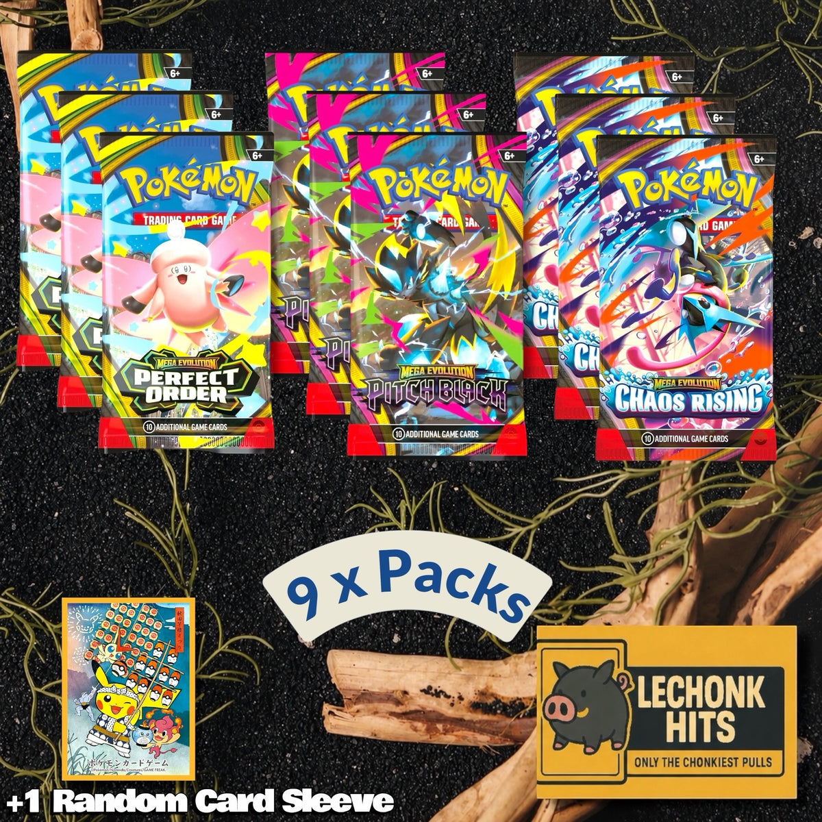 9 Pokemon Booster Pack Bundle Pitch Black, Perfect Order, Chaos Rising + 1 Random Pokemon Card Sleeve