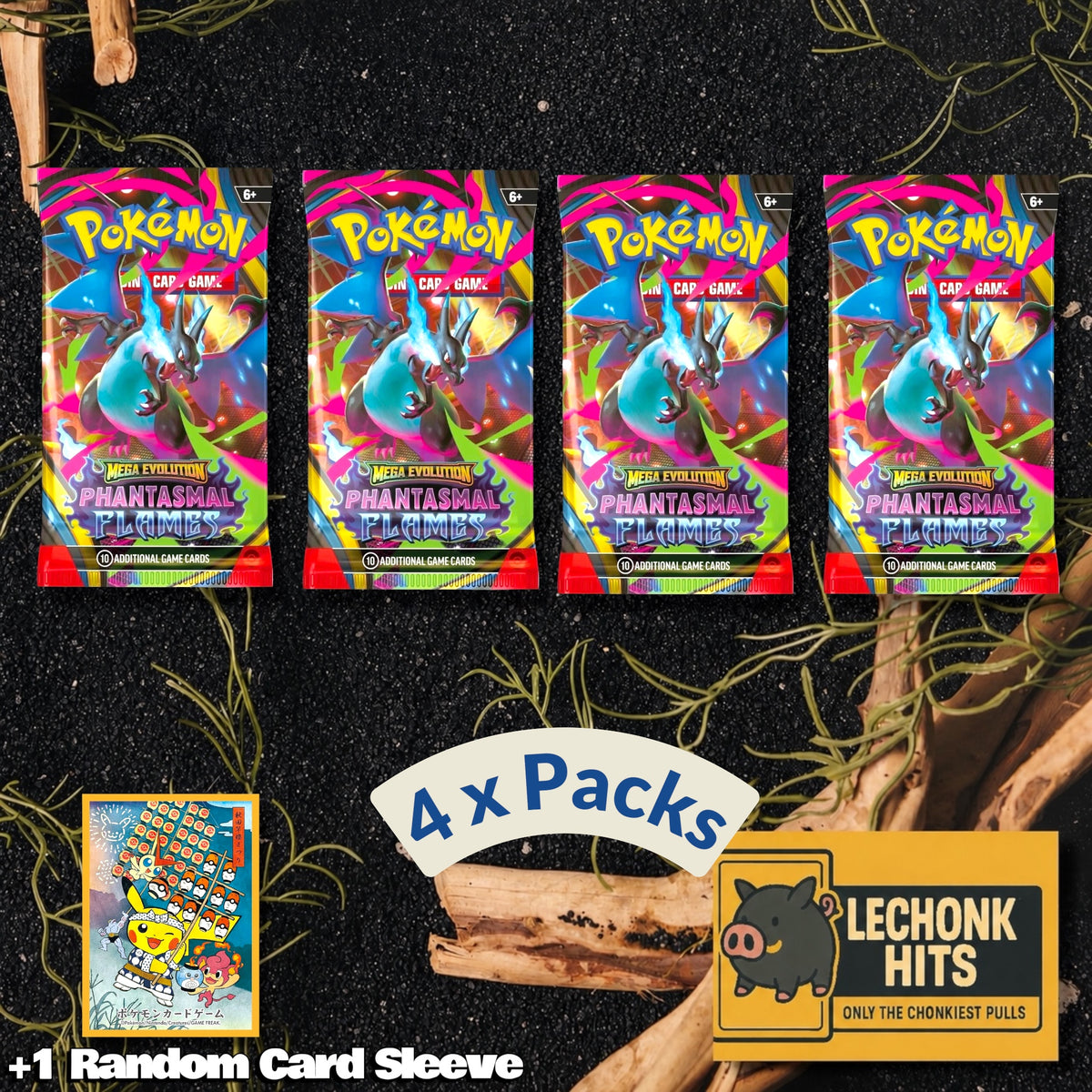 4 x Packs Phantasmal Flames Pokemon Booster Pack + 1 Random Pokemon Card Sleeve