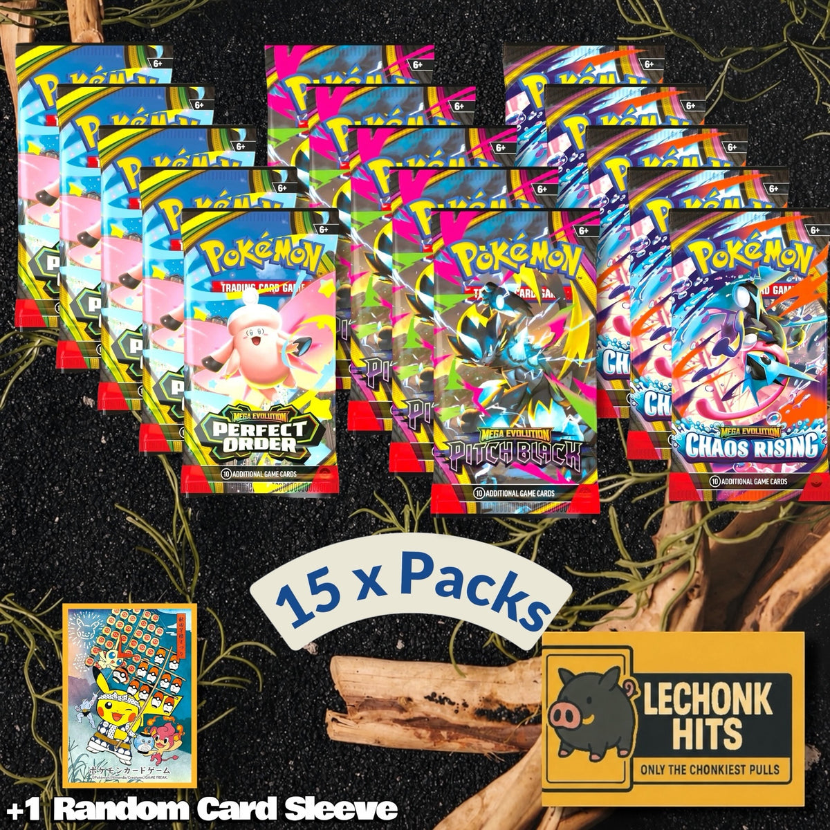 15 Pokemon Booster Pack Bundle Pitch Black, Perfect Order, Chaos Rising + 1 Random Pokemon Card Sleeve