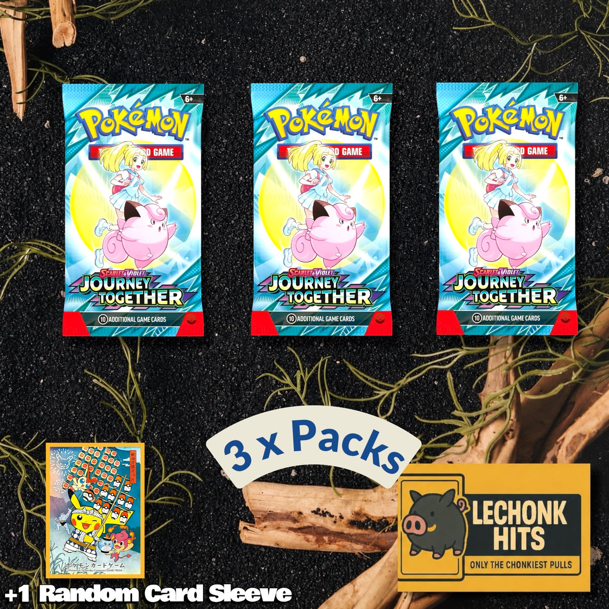 3 Packs Journey Together Pokemon Booster Pack + 1 Random Card Sleeve