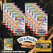 10 Packs Prismatic Evolutions Booster Pack + 1 Random Pokemon Card Sleeve