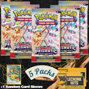 5 Packs Prismatic Evolutions Booster Pack + 1 Random Pokemon Card Sleeve