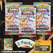 3 Packs Prismatic Evolutions Booster Pack + 1 Random Pokemon Card Sleeve