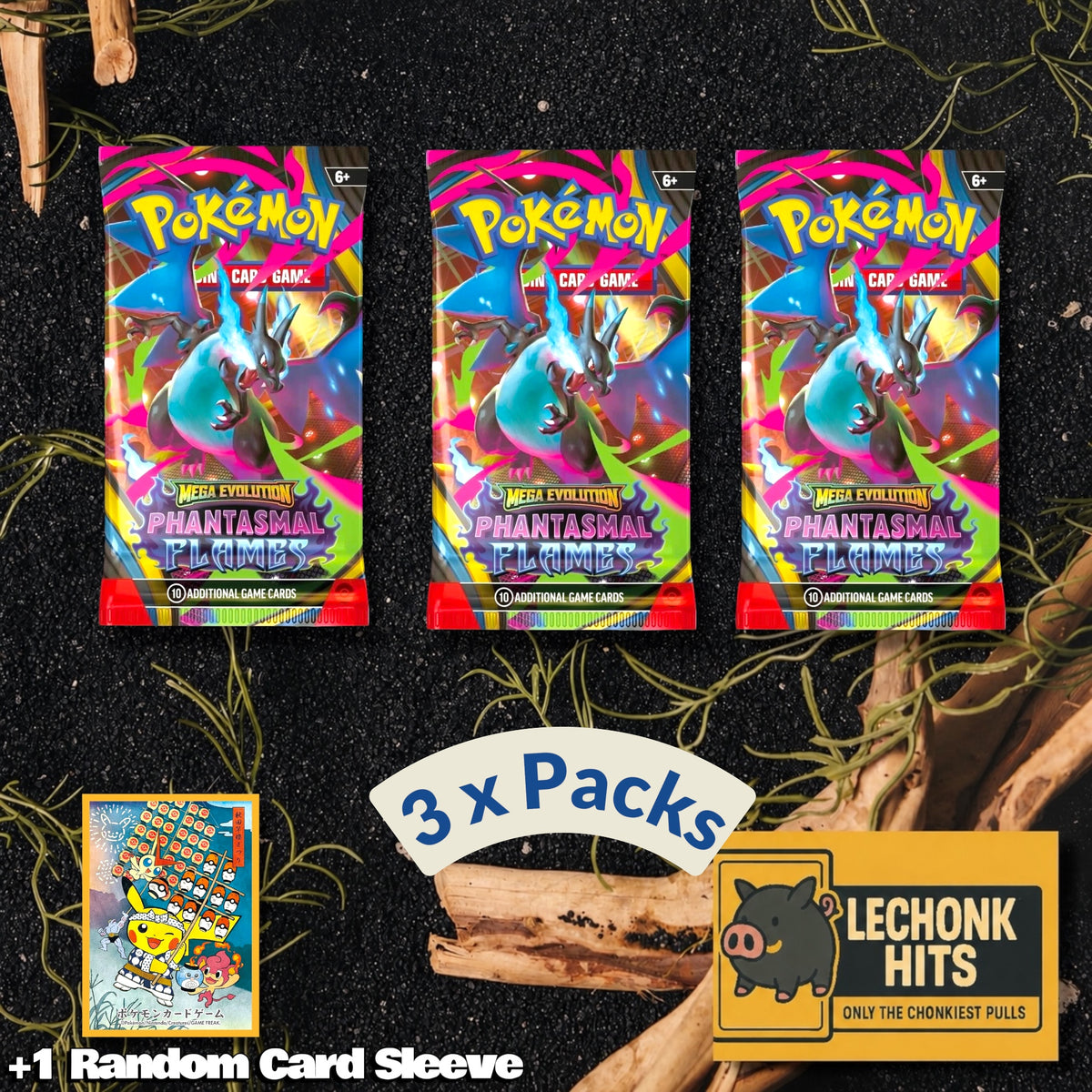 3 x Packs Phantasmal Flames Pokemon Booster Pack + 1 Random Pokemon Card Sleeve