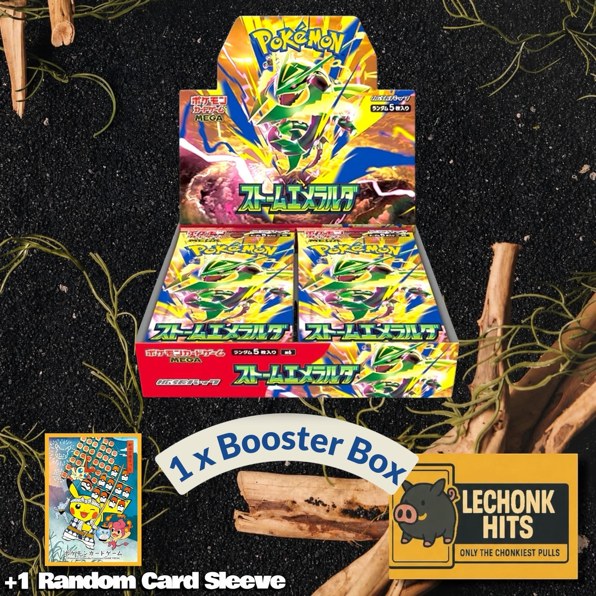 Storm Emeralda Pokemon Booster Box Rayquaza Japanese + 1 Random Pokemon Card Sleeve Bundle