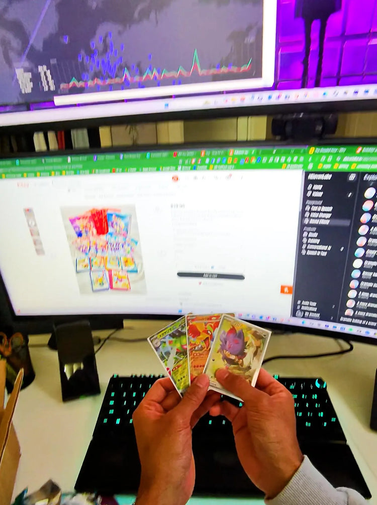 Person holding trading cards in front of a computer screen with multiple open applications.